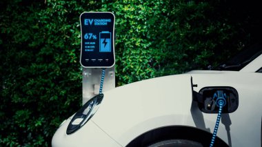 Elektrikli araba, çevre yeşil parkındaki elektrik kablosu ve yeşillik yeşili yeşillik yapraklarıyla şarj etmek için şarj istasyonuna bağlandı. Geleceğin yenilikçi her arabası ve enerji sürdürülebilirliği.