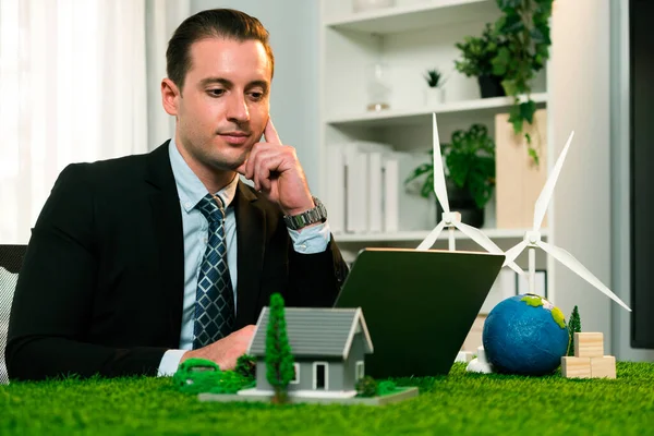 Businessman Planning His Laptop Implementation Clean Sustainable Energy Reduce Co2 — Stock Photo, Image
