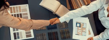 İç mimar, modern ev iç tasarımı için başarılı bir taslak çizimi yaptıktan ve ruh hali malzemesi veya renk seçimi yaptıktan sonra müşteri veya meslektaşlarıyla tokalaşır. İçgörü