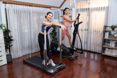 Enerjik ve güçlü atletik Asyalı kadın evde spor arkadaşı ya da antrenörü ile birlikte eliptik koşu makinesiyle koşuyor. Formda fiziğin takibi ve sağlıklı yaşam tarzına bağlılık. Kuvvetli