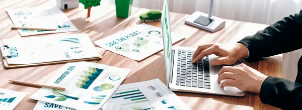 Biuro Firmy Eco Biznesmen Korzystający Laptopa Planowania Marketingu Strategicznego Przyjaznych — Zdjęcie stockowe