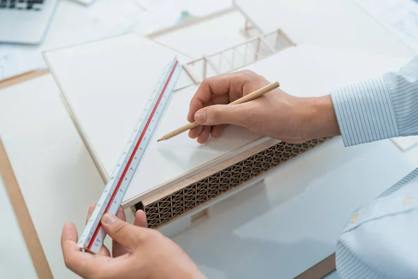 Closeup Professional Architect Hand Measuring House Model Using Ruler Architectural — Stock Photo, Image