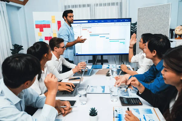 Proje yöneticisi monitörde proje yönetimi yazılım görüntülemesi, proje görevinin ilerlemesini izlemek ve toplantı masasında program planı yapmak suretiyle ekiple iletişim kurar ve işbirliği yapar. Tedbirli