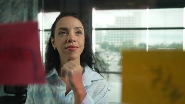 Genç İspanyol çalışanlar renkli yapışkan notlar yazıyorlar. Akıllı iş kadını pazarlama fikrini, beyin fırtınası stratejisini, iş planını paylaşıyor. Proje yöneticisi zihin haritası çiziyor. - Yakın çekim. Yönlendirici.