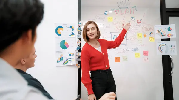 Young beautiful caucasian businesswoman presenting marketing strategy by using mind map, graph while answering questions with confident. Teamwork, brainstorming, discussing concept. Immaculate.