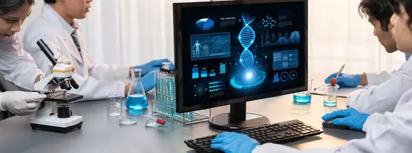 Toegewijde Wetenschapsgroep Die Werkt Aan Geavanceerde Biotechnologische Computersoftware Dna Gegevens — Stockfoto
