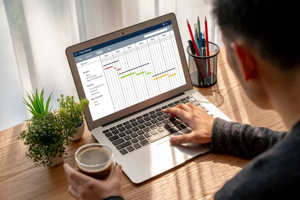 stock image Project planning software for modish business project management on the computer screen showing timeline chart of the team project