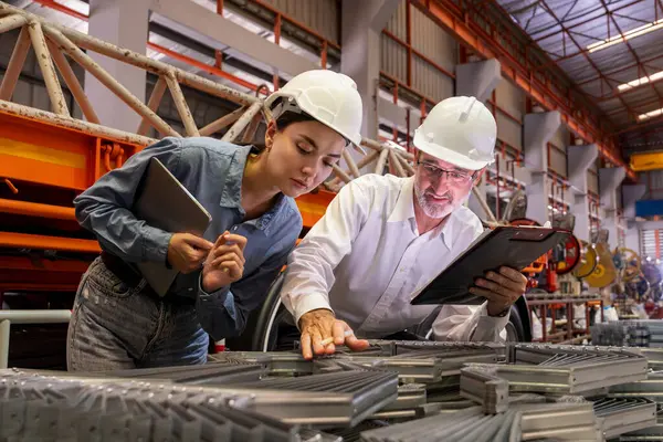 stock image Metalwork manufacturing factory manager oversees highest quality of metal or steel frame for heavy construction. Steel manufacture inspection ensuring precision quality product. Exemplifying