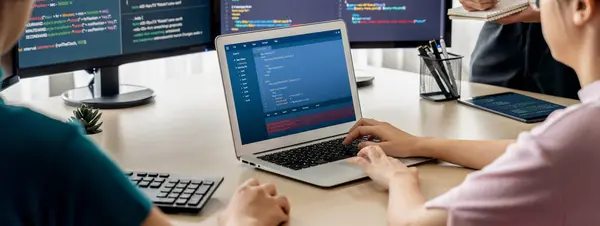 Cropped Image Female Web Developer Coding Laptop While Computer Displayed — Stock Photo, Image