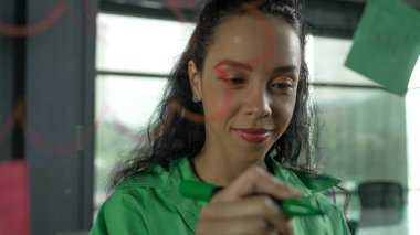 Genç İspanyol çalışanlar renkli yapışkan notlar yazıyorlar. Akıllı iş kadını pazarlama fikrini, beyin fırtınası stratejisini, iş planını paylaşıyor. Proje yöneticisi zihin haritası çiziyor. - Yakın çekim. Yönlendirici.