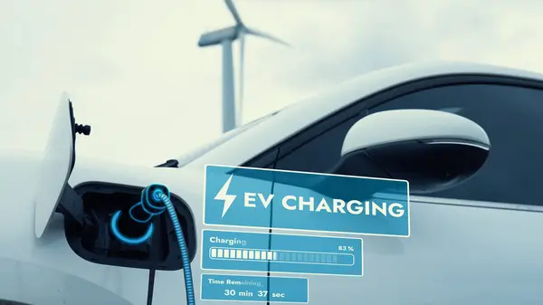 Elektrisk Bil Genopladning Energi Fra Ladestation Display Futuristisk Smart Batteri - Stock-foto
