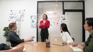 Genç liderin kapanışı, proje hakkında beyin fırtınası yapan meslektaşı ve proje yöneticisi tarafından çevrelenmiş zihin haritası ve renkli yapışkan notlar kullanılarak kendinden emin bir şekilde iş projesini sunuyor. Tertemiz..