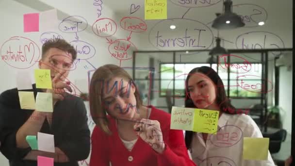 通过在玻璃板 现代会议室使用彩色粘贴和思维图来创建企业团队集思广益和解决问题的年轻创意 一起讨论 一起工作 纯洁无瑕 — 图库视频影像