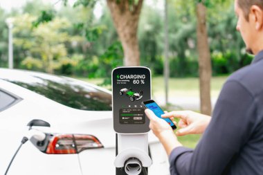 Ulusal Park veya Yaz Ormanı 'ndaki tatil gezisi sırasında EV şarj istasyonundan elektrik aküsü almak için akıllı telefon internet bankacılık uygulaması kullanan bir adam. Yükselt