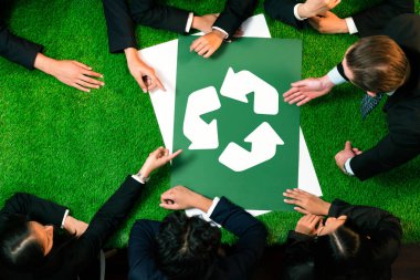 Top view panorama banner recycle icon on meeting table in office with business people planning eco business investment on waste management as recycle reduce reuse concept for clean ecosystem. Quaint clipart