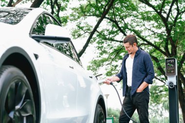 Yolculuk sırasında doğal orman ya da milli parktaki elektrikli araba için şarj olan bir adam. Tatil ve tatil boyunca çevre dostu seyahat. Yükselt