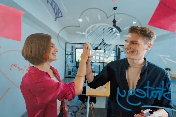 Two Smart Cooperative Business People Giving High Five Celebrate Successful — Stock Photo, Image