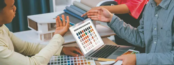 Professional Architect Presents Color Selection Using Laptop Displayed Color While — Stock Photo, Image