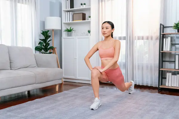 Young Attractive Asian Woman Sportswear Stretching Fitness Exercise Routine Home — Stock Photo, Image