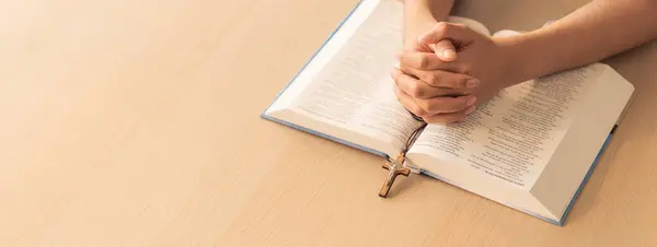 Cropped Image Praying Male Hand Holding Cross Holy Bible Book — Stock Photo, Image