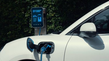 Elektrikli araba, çevre yeşil parkındaki elektrik kablosu ve yeşillik yeşili yeşillik yapraklarıyla şarj etmek için şarj istasyonuna bağlandı. Geleceğin yenilikçi her arabası ve enerji sürdürülebilirliği.