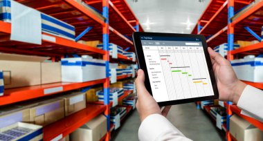 Ekip projesinin zaman çizelgesini gösteren bilgisayar ekranında, modern iş projesi yönetimi için proje planlama yazılımı