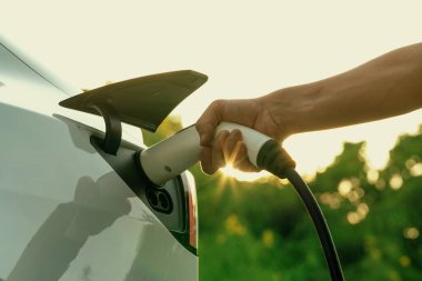 Sonbahar gezisi sırasında sonbahar ormanı arabasında elektrikli araba için şarj eden bir adam. Sonbahar tatilinde elektrikli araçla çevre dostu bir seyahat. Yükselt