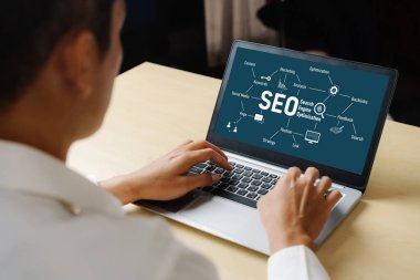 Model e-ticaret için SEO arama motoru optimizasyonu ve bilgisayar ekranında gösterilen çevrimiçi perakende işi
