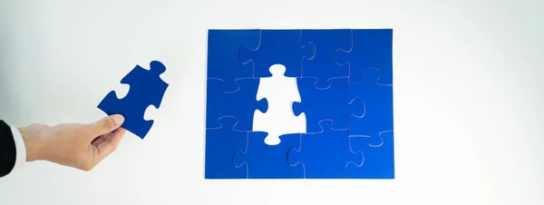 Panorama Banner Business Team Assembling Jigsaw Puzzle Table Symbolize Business — Stock Photo, Image