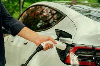 Sonbahar gezisi sırasında sonbahar ormanı arabasında elektrikli araba için şarj eden bir adam. Sonbahar tatilinde elektrikli araçla çevre dostu bir seyahat. Yükselt