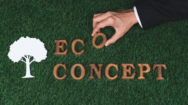 Mão Organizar Alfabeto Madeira Campanha Conscientização Ecológica Com Design Ícone — Fotografia de Stock