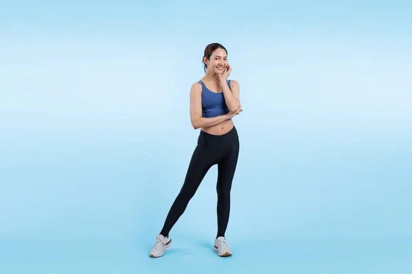 Full Body Asian Woman Sportswear Portrait Smiling Posing Cheerful Gesture — Stock Photo, Image