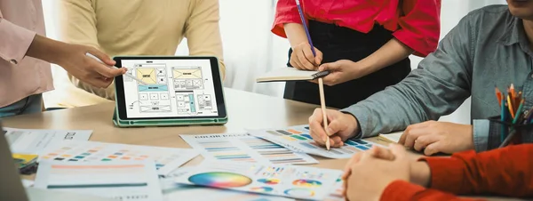 Cropped Image Interior Designer Team Discuss Material Color While Tablet — Stock Photo, Image