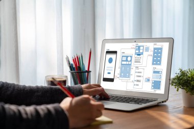 Model mobil uygulama ve web sitesi için UX UI tasarım süreci. Profesyonel uygulama geliştiricisi için kablo grafiğinin yaratıcı prototipi .