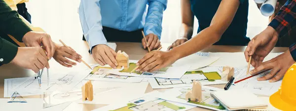 Professional Architect Team Plans Build Eco House Meeting Table Green — Stock Photo, Image