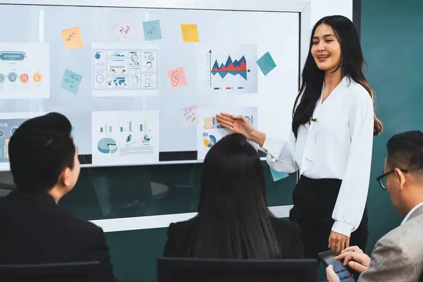 A female leader presenting growth Statistics with confident in front of whiteboard rounded by executive committee listening data analyst and business plan. Conference room meeting. Intellectual.