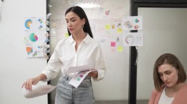 Genç ve güzel iş kadını, iş görüşmesi sırasında cam kurulun önünde zihin haritası olan uzman yatırımcılara toplantı belgeleri ve iş haritası veriyor. Yaratıcı tasarım. Tertemiz..