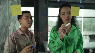 Hispanik çalışanlar, yatırımcılar ayakta durup dinlerken pazarlama fikirleri üretmeye başlarlar. Kadın lider beyin fırtınası iş planı sunuyor. Cam duvardaki yapışkan nota yazılmış bir strateji. Yönlendirici