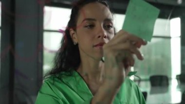 Genç İspanyol çalışanlar renkli yapışkan notlar yazıyorlar. Akıllı iş kadını pazarlama fikrini, beyin fırtınası stratejisini, iş planını paylaşıyor. Proje yöneticisi zihin haritası çiziyor. - Yakın çekim. Yönlendirici.