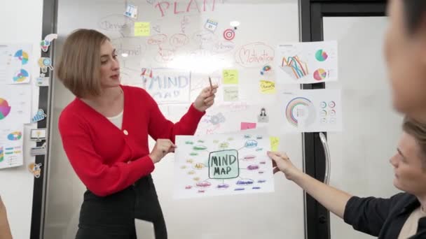 Jovem Líder Profissional Apresenta Ideia Negócio Usando Mapa Mental Reunião — Vídeo de Stock