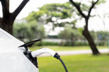 Açık yeşil şehir parkı manzarasındaki EV şarj istasyonundan EV elektrikli araç şarj oluyor. Çevre dostu EV araba yolculuğuyla doğal koruma. Yükselt