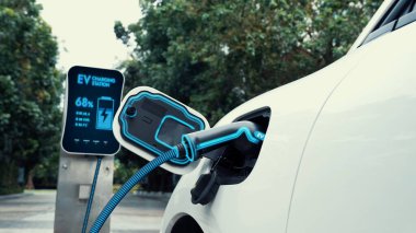Elektrikli araba, çevre yeşil parkındaki elektrik kablosu ve yeşillik yeşili yeşillik yapraklarıyla şarj etmek için şarj istasyonuna bağlandı. Geleceğin yenilikçi her arabası ve enerji sürdürülebilirliği.