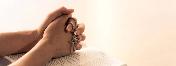 Asian Male Folded Hand Prayed Holy Bible Book While Holding — Stock Photo, Image