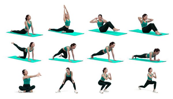 Collection of body workout training with exercise posture for athletic woman in different various exercising pose sequence in full body studio shot on isolated background. Vigorous