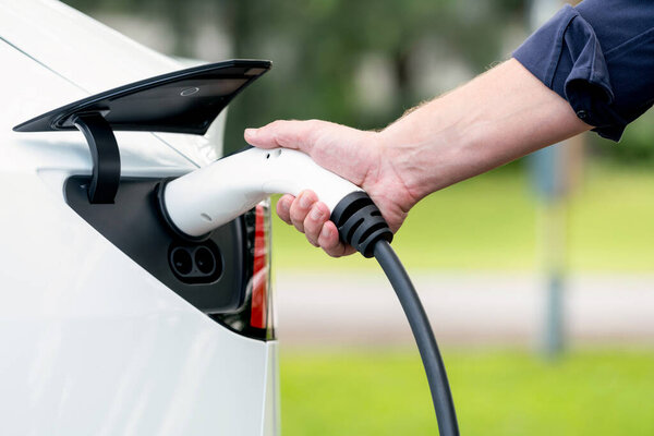 Человек подзарядки аккумулятора для электромобиля во время дорожного путешествия путешествия EV автомобиль в природном лесу или национальном парке. Экологичные путешествия во время отпуска и отпуска. Экзальт