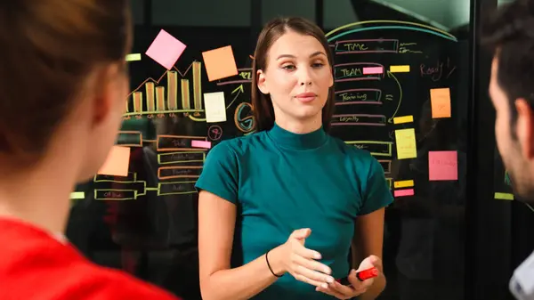 Skilled executive manager explain business idea to diverse investor team. Businesspeople listening female leader present marketing strategy while using sticky notes and mind mapping. Tracery