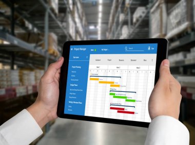 Ekip projesinin zaman çizelgesini gösteren bilgisayar ekranında, modern iş projesi yönetimi için proje planlama yazılımı