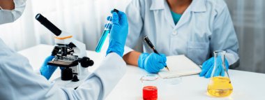 Laboratuvar araştırma ekibi, bilimsel uzmanlık ve laboratuvar ekipmanları ile sağlık hizmetlerini ilerletiyor, yeni ilaçlar araştırıyor ve laboratuvarda tedavi geliştiriyor. Panorama Katı