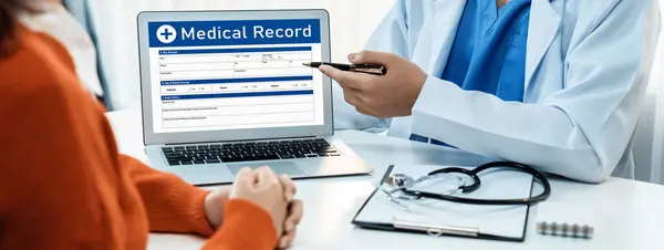 Laptop Display Medical Report Diagnostic Result Patient Health Blurred Background — Stock Photo, Image