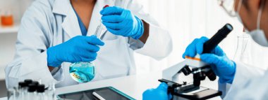 Laboratuvar araştırma ekibi, bilimsel uzmanlık ve laboratuvar ekipmanları ile sağlık hizmetlerini ilerletiyor, yeni ilaçlar araştırıyor ve laboratuvarda tedavi geliştiriyor. Panorama Katı